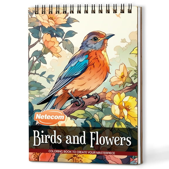 Netecom Birds And Flower Coloring Book Spiral Bound for All Ages, A5 Wooden Cover, 30 Beautiful Birds and Flowers Coloring Pages of Nature Beauty for Stress Relief and Relaxation