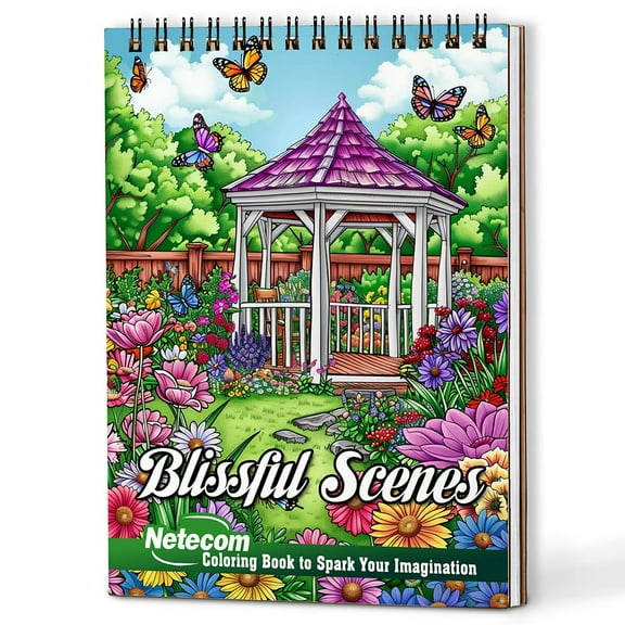 Netecom Blissful Scenes Coloring Book Spiral Bound for Adults, A5 Wooden Cover, 30 Beautiful Coloring Pages of Serene Landscapes for Stress Relief and Relaxation