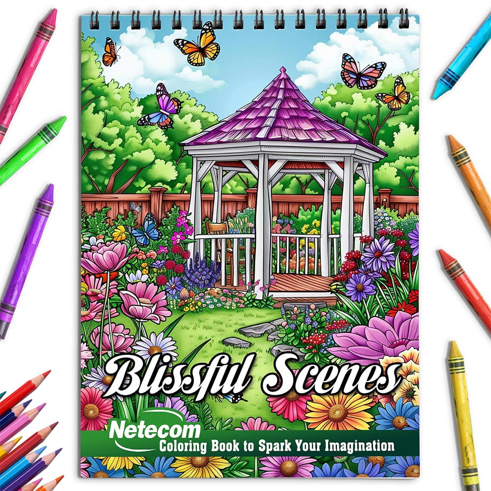 Netecom Blissful Scenes Coloring Book for Adults, Spiral Bound, Soft Cover