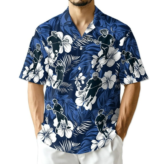 Netecom Blue Black Lacrosse Hawaiian Shirt for Men, Tropical Style, Button Down Summer Beach Short Sleeve, S-5XL