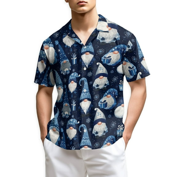 Netecom Blue Snow Gnomes Pattern Hawaiian Shirt for Men, Vintage Christmas Holiday Aloha Button Down Short Sleeve Shirt
