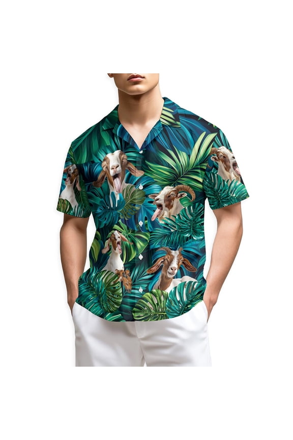 Boer Goats Hawaiian Shirt for Men, Button Down Summer Beach Short Sleeve, Tropical Style, Sizes S-5XL