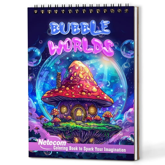 Netecom Bubble Worlds Coloring Book Spiral Bound for Adults, A5 Wooden Cover, 30 Cute Coloring Pages of Fanciful World Inside Bubble for Stress Relief and Relaxation