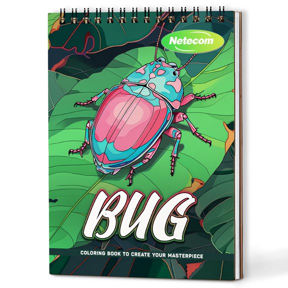 Netecom Bug Coloring Book Spiral Bound For Adults, A5 Wooden Cover, 30 Stunning Coloring Pages in Tiny Insect Worlds for Stress Relief and Relaxation