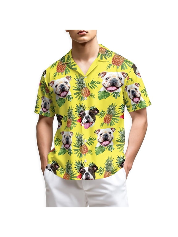 Bulldog Hawaiian Shirt for Men, Button Down Summer Beach Short Sleeve, Tropical Style, Sizes S-5XL