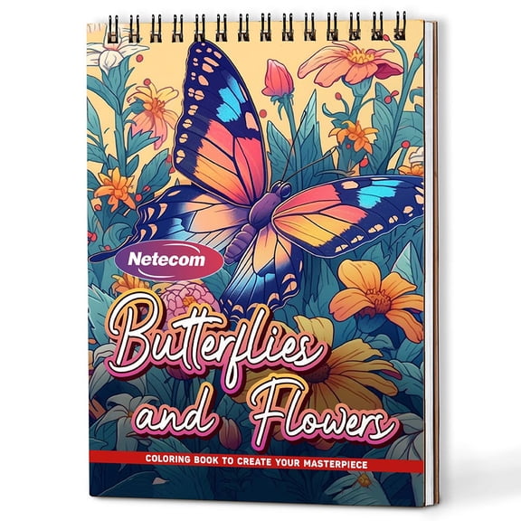 Netecom Butterflies and Flowers Coloring Book Spiral Bound For Adults, A5 Wooden Cover, 30 Enchanting Coloring Pages of Delicate Butterflies and Beautiful Blossoms for Stress Relief and Relaxation