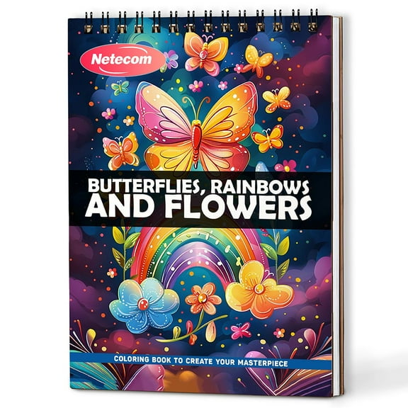 Netecom Butterflies, Rainbows and Flowers Coloring Book Spiral Bound For Adults, A5 Wooden Cover, 30 Beautiful Coloring Pages of Nature's Wonders for Stress Relief and Relaxation