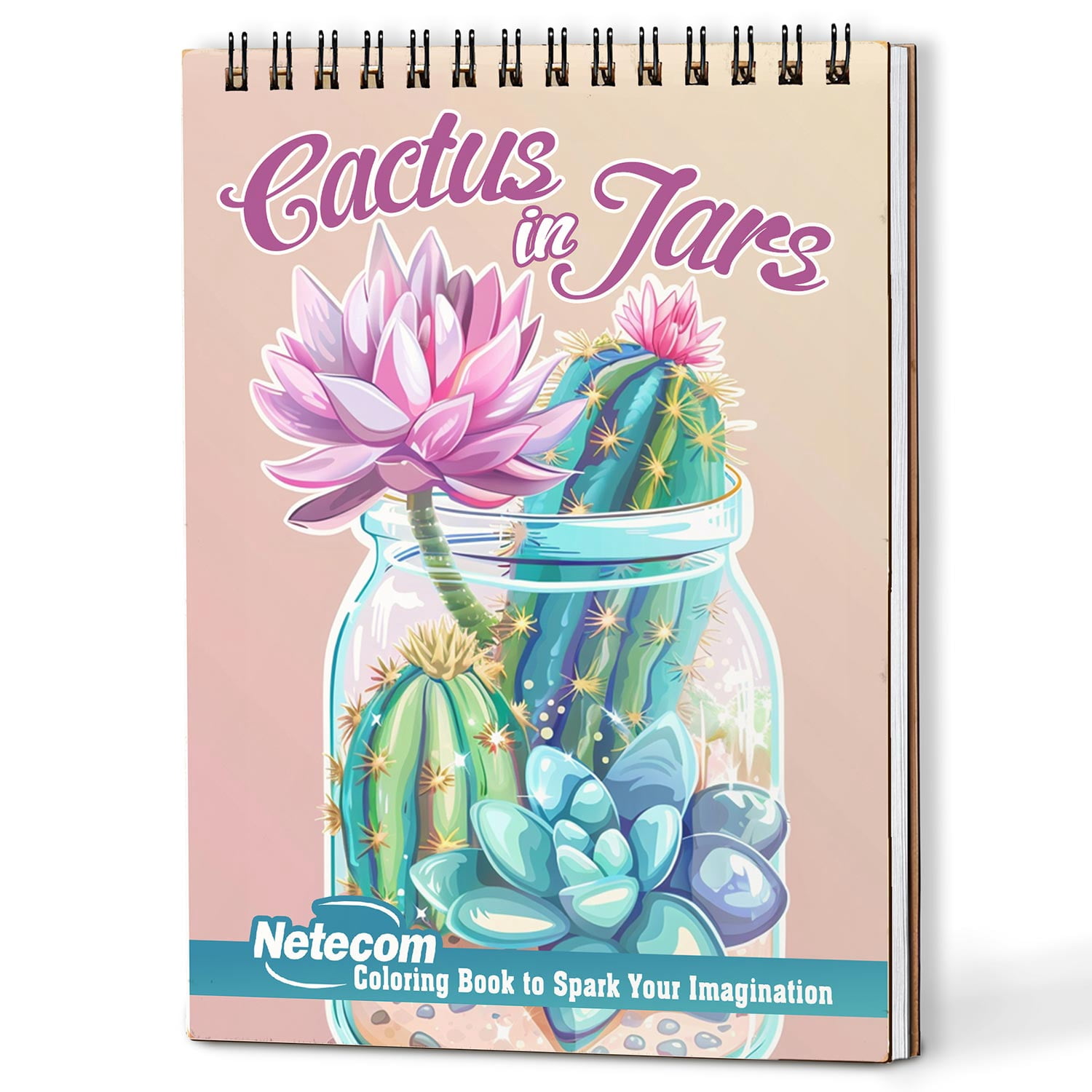 Netecom Cactus in Jars Coloring Book Spiral Bound for Adults, A5 Wooden Cover, 30 Beautiful Coloring Pages of Succulent Plants in Jar for Stress Relief and Relaxation