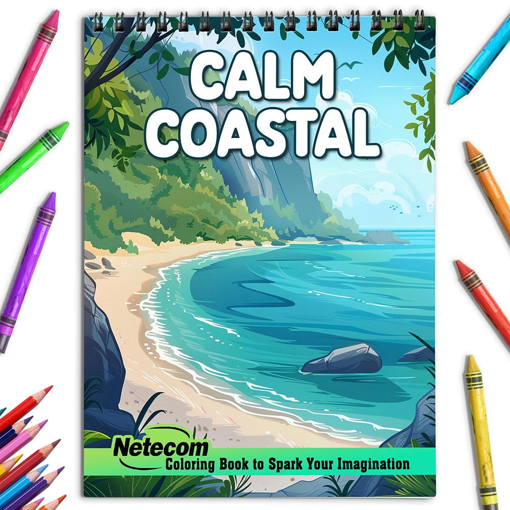 Netecom Calm Coastal Coloring Book for Adults, Spiral Bound, Soft Cover