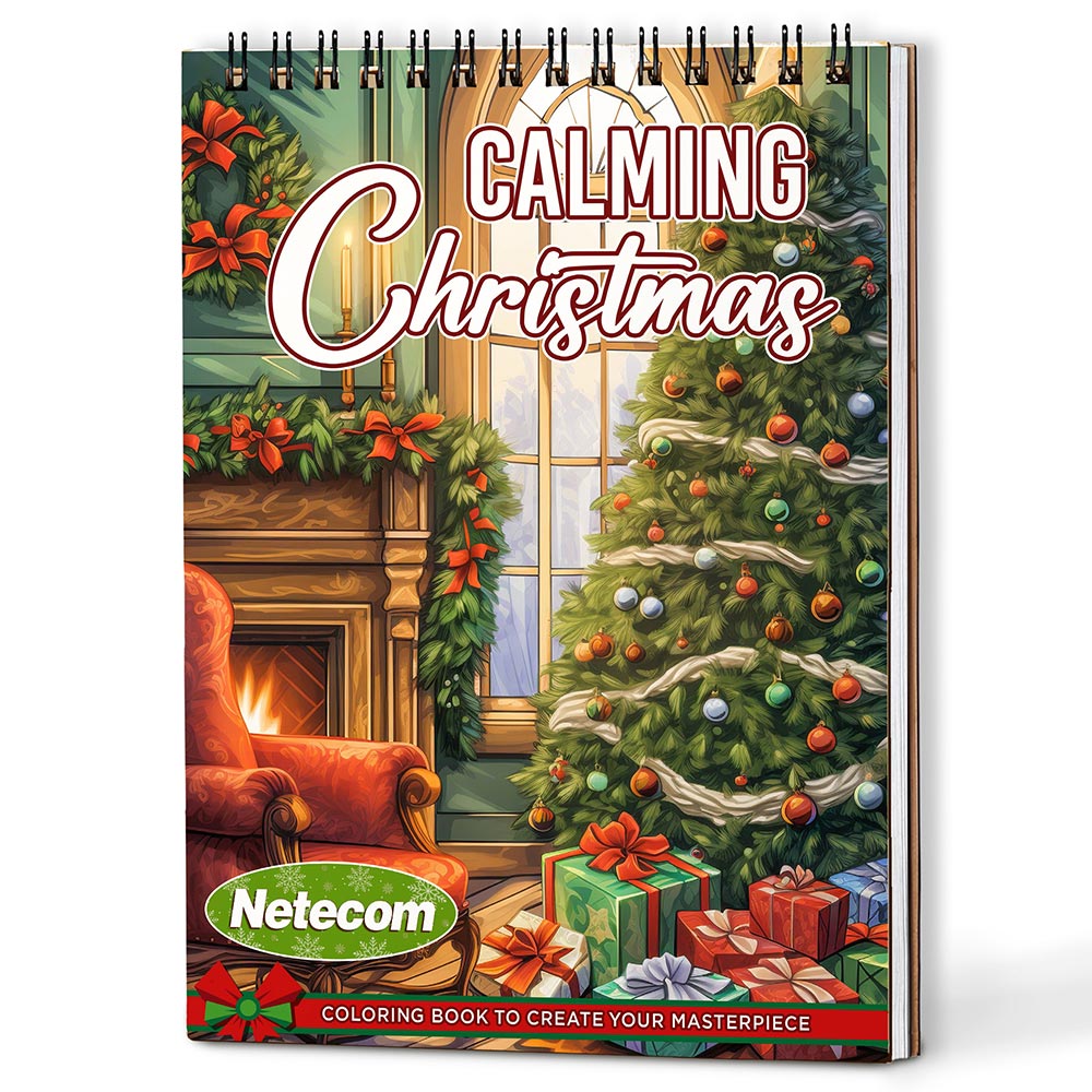 Netecom Calming Christmas Coloring Book Spiral Bound For Adults, A5 Wooden Cover, 30 Beautiful Coloring Pages of Tranquil Winter Scenes for Stress Relief and Relaxation