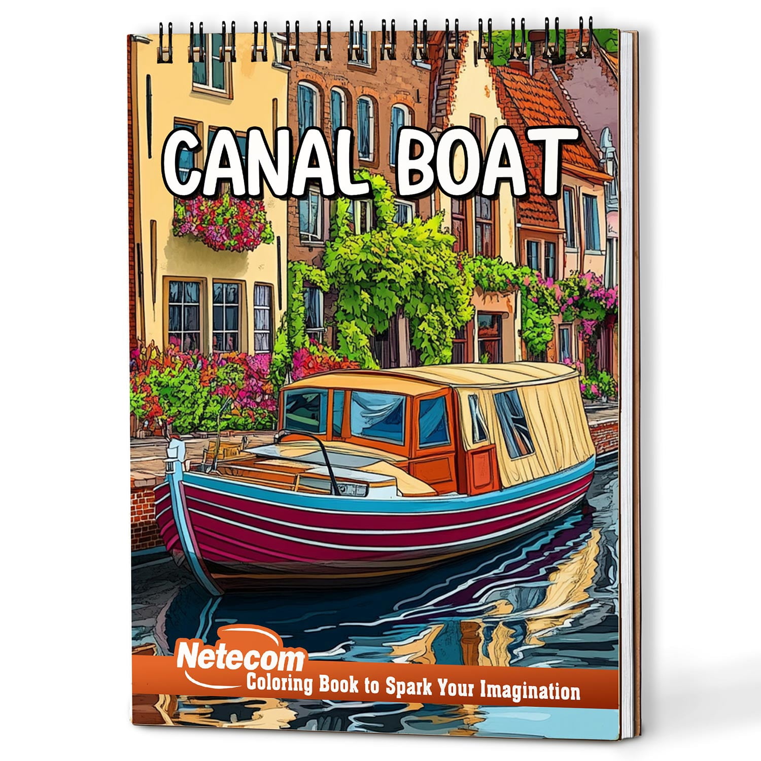 Netecom Canal Boat Coloring Book Spiral Bound for Adults, A5 Wooden Cover, 30 Beautiful Coloring Pages of Canal Boats on River for Stress Relief and Relaxation