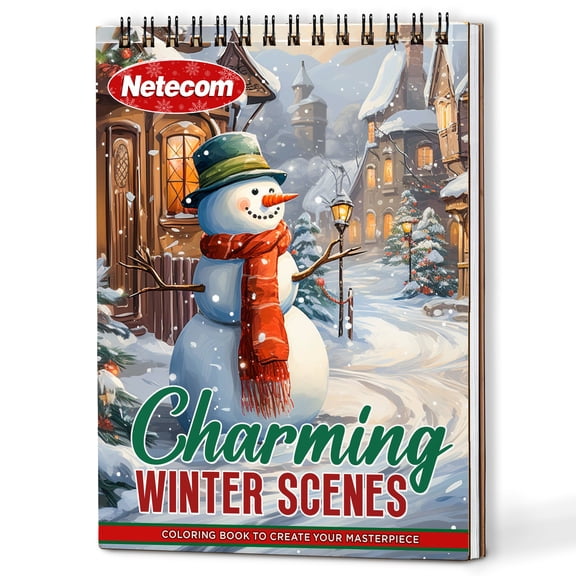 Netecom Charming Winter Scenes Coloring Book Spiral Bound For Adults, A5 Wooden Cover, 30 Enchanting Coloring Pages of Christmas Holiday Scenes for Stress Relief and Relaxation