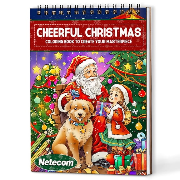 Netecom Cheerful Christmas Coloring Book Spiral Bound for Adults, A5 Wooden Cover, 30 Cute and Cozy Coloring Pages for Holiday Scenes, Stress Relief and Relaxation