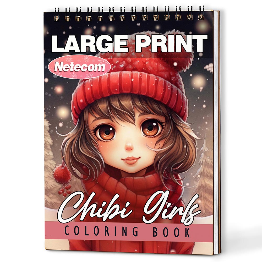 Netecom Chibi Girls Christmas Coloring Book Spiral Bound for Adults, A5 Wooden Cover, 30 Beautiful Coloring Pages of Chibi Girls in Holiday Season for Stress Relief and Relaxation