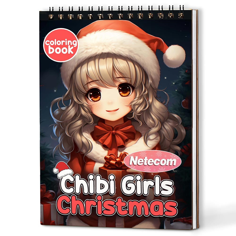 Netecom Chibi Girls Christmas Coloring Book Spiral Bound for Adults, A5 Wooden Cover, 30 Beautiful Coloring Pages of Kawaii Girls in Holiday Season for Stress Relief and Relaxation