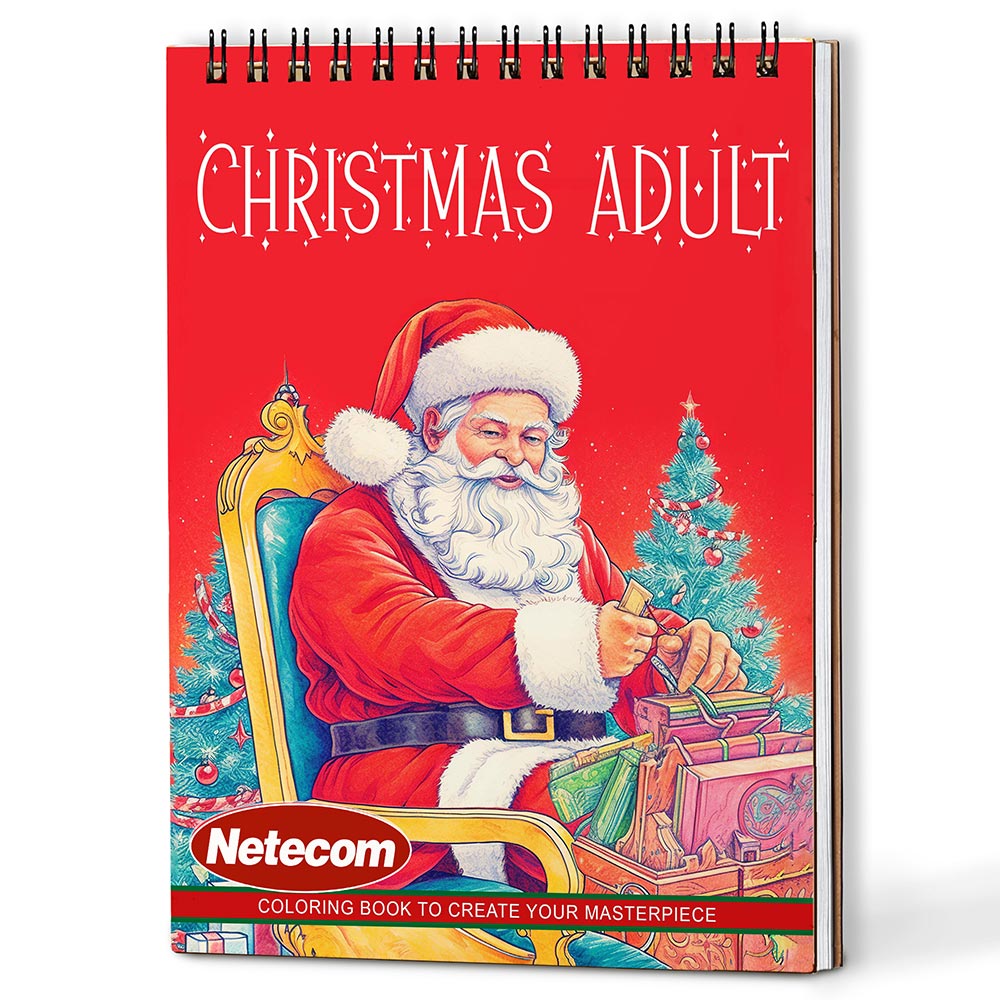 Netecom Christmas Adult Coloring Book Spiral Bound for Adults, A5 Wooden Cover, 30 Beautiful Coloring Pages of Warm Winter Homes for Stress Relief and Relaxation