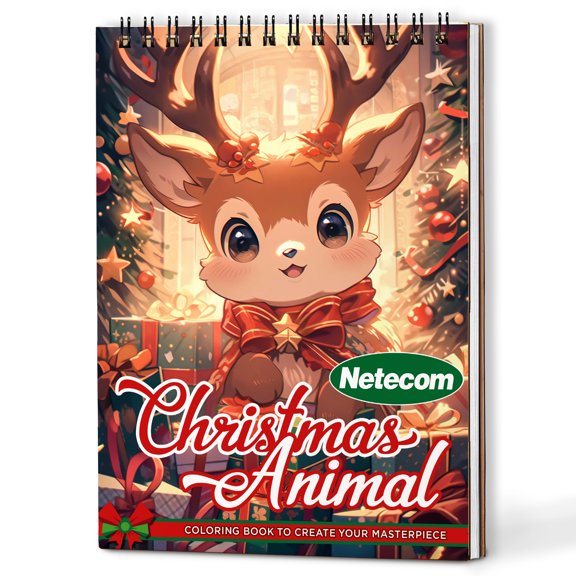 Netecom Christmas Animal Coloring Book Spiral Bound For Adults, A5 Wooden Cover, 30 Relaxing Coloring Pages of Snowy Animal Friends for Stress Relief and Relaxation