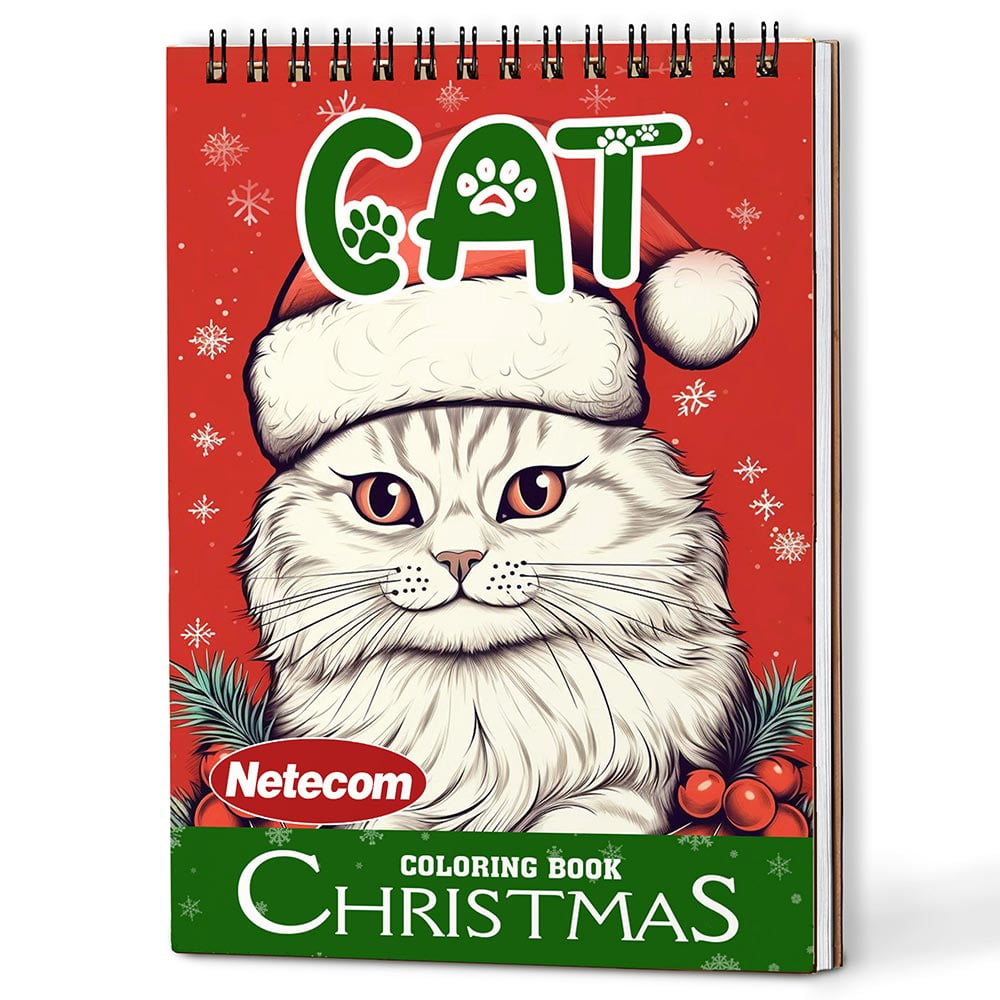 Netecom Christmas Cat Coloring Book Spiral Bound For Adults, A5 Wooden Cover, 30 Charming Coloring Pages of Cute Cats in Christmas Day for Stress Relief and Relaxation