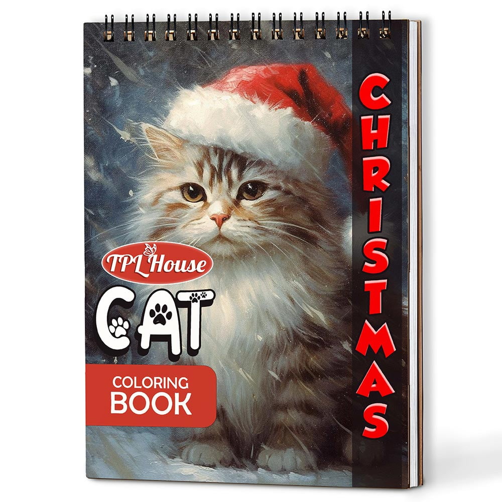 Netecom Christmas Cat Coloring Book Spiral Bound for Adults, A5 Wooden Cover, 30 Festive Coloring Pages of Adorable Cats Celebrating the Holiday Season for Stress Relief