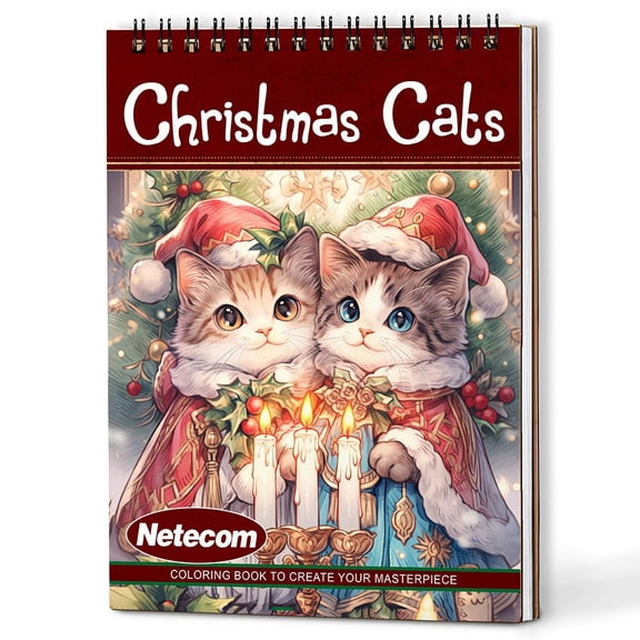 Netecom Christmas Cats Coloring Book Spiral Bound For Adults, A5 Wooden Cover, 30 Cute Coloring Pages of Adorable Cats for Stress Relief and Relaxation