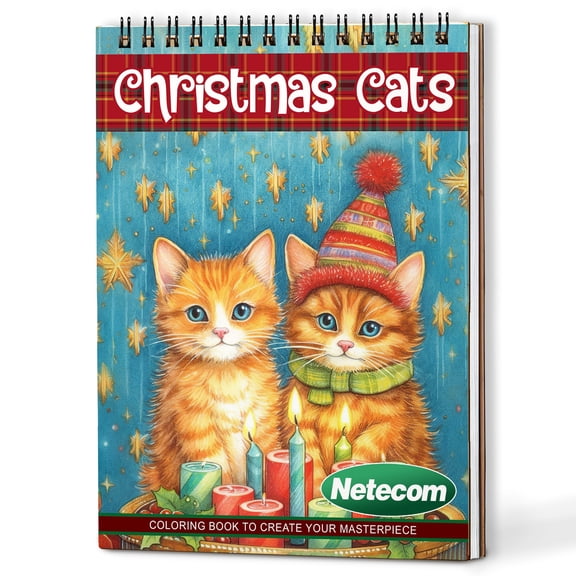 Netecom Christmas Cats Coloring Book Spiral Bound for Adults, A5 Wooden Cover, 30 Playful Coloring Pages of Festive Cats in Holiday for Stress Relief and Relaxation