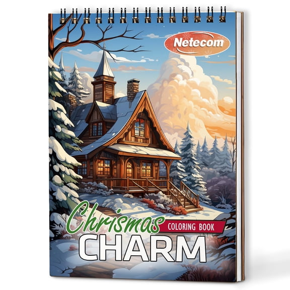 Netecom Christmas Charm Coloring Book Spiral Bound for Adults, A5 Wooden Cover, 30 Beautiful Coloring Pages of Holiday Scenes for Stress Relief and Relaxation