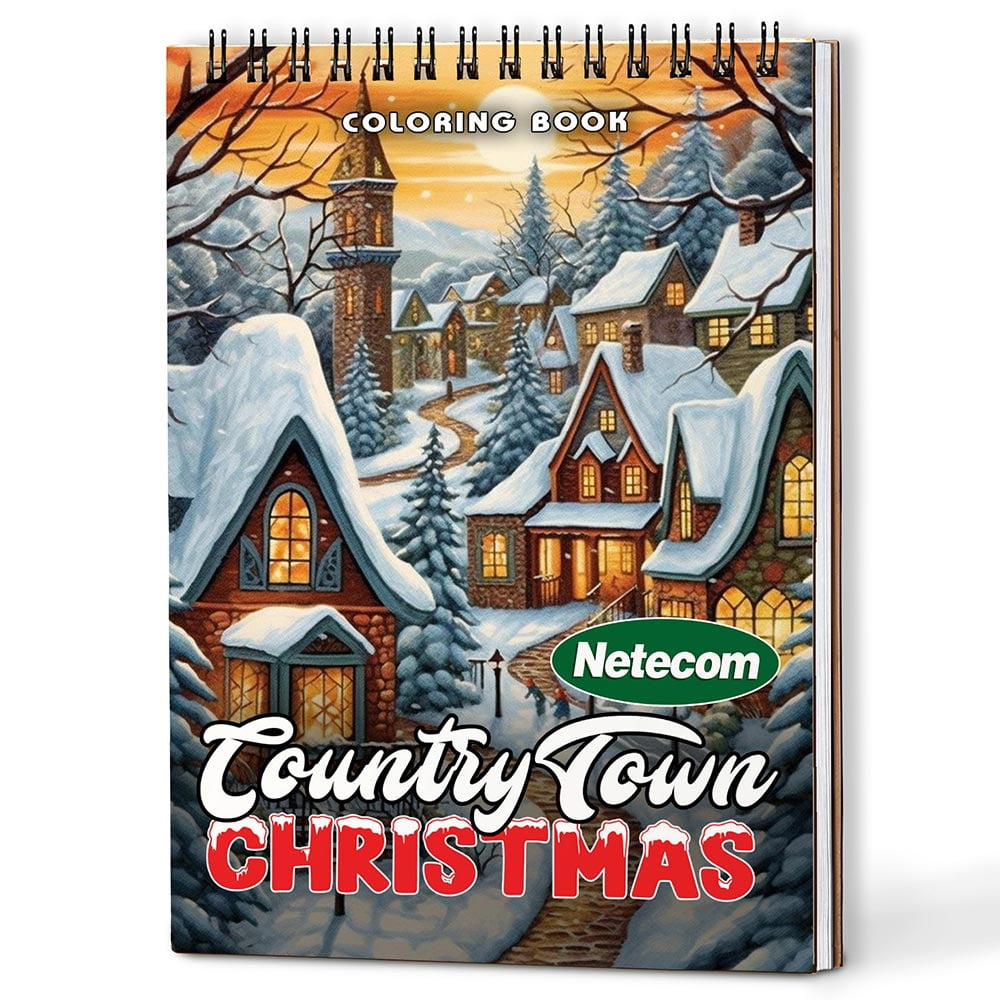 Netecom Christmas Country Town Coloring Book Spiral Bound For Adults, A5 Wooden Cover 30, Delightful Coloring Pages of Snowy Streets and Cozy Homes for Stress Relief and Relaxation