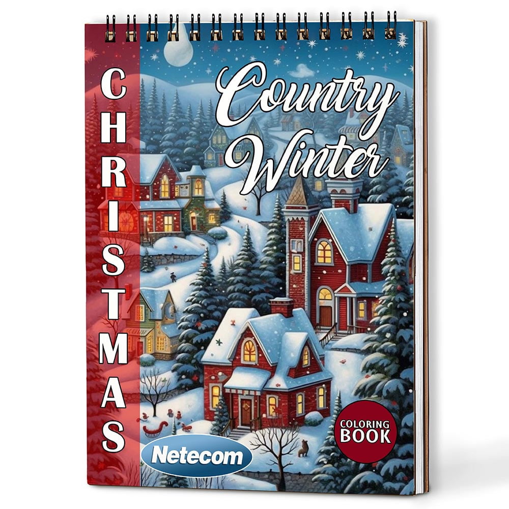 Netecom Christmas Country Winter Coloring Book Spiral Bound For Adults, A5 Wooden Cover, 30 Calming Coloring Pages of Winter Scenes for Stress Relief and Relaxation