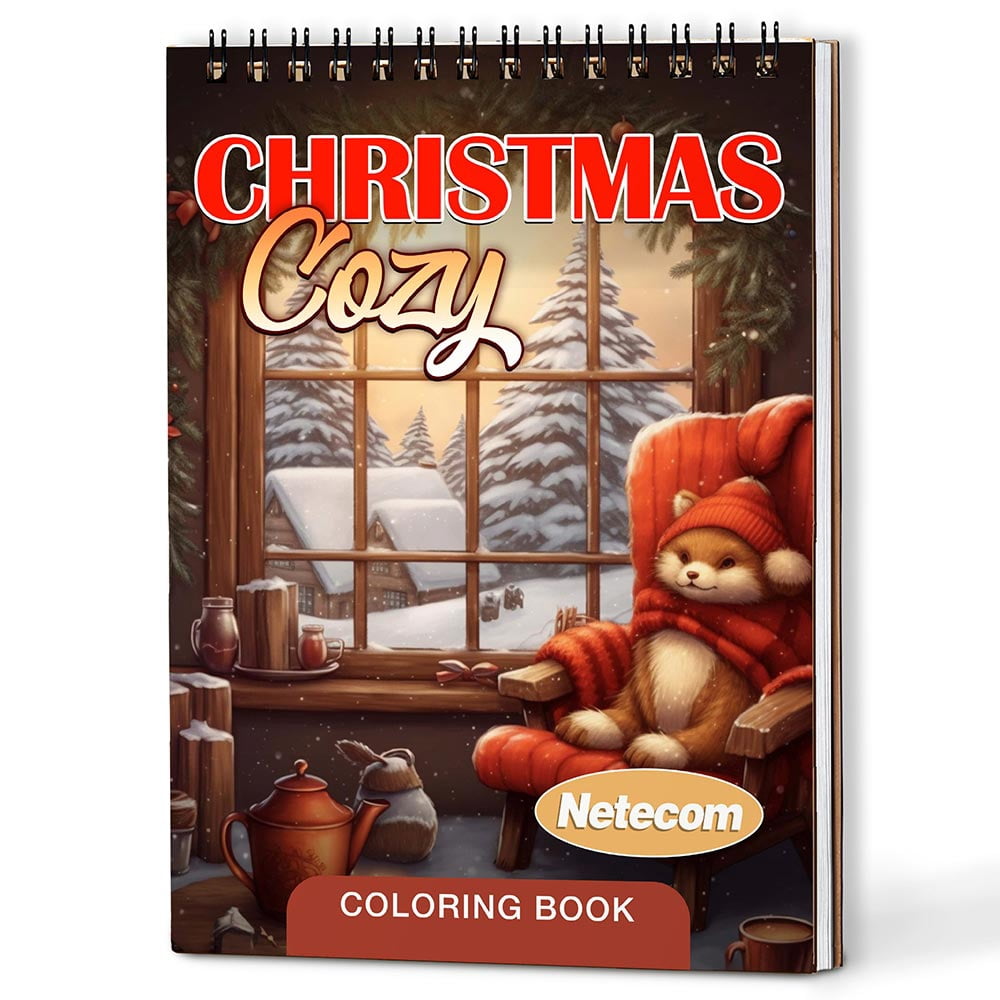Netecom Christmas Cozy Coloring Book Spiral Bound For Adults, A5 Wooden Cover, 30 Beautiful Coloring Pages of Winter Landscape for Stress Relief and Relaxation