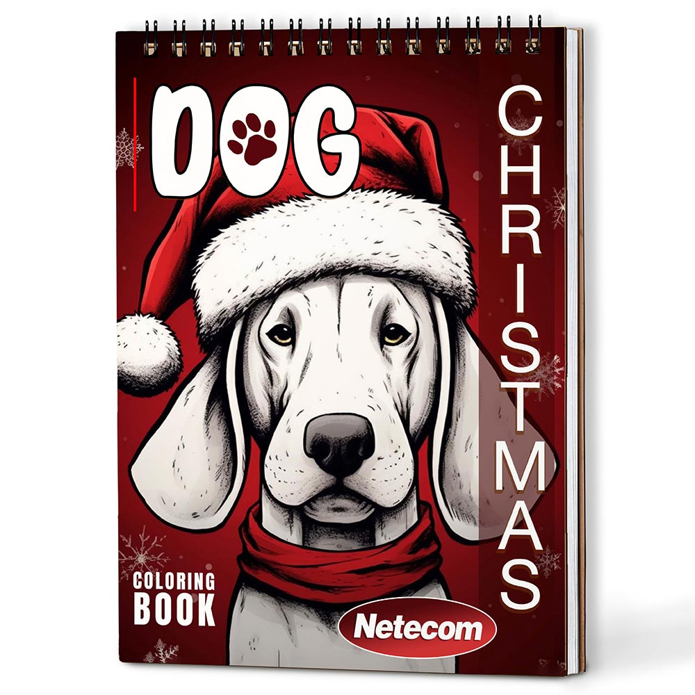 Netecom Christmas Dog Coloring Book Spiral Bound For Adults, A5 Wooden Cover, 30 Fun Coloring Pages of Cute Dogs Enjoying the Christmas Atmosphere for Stress Relief and Relaxation