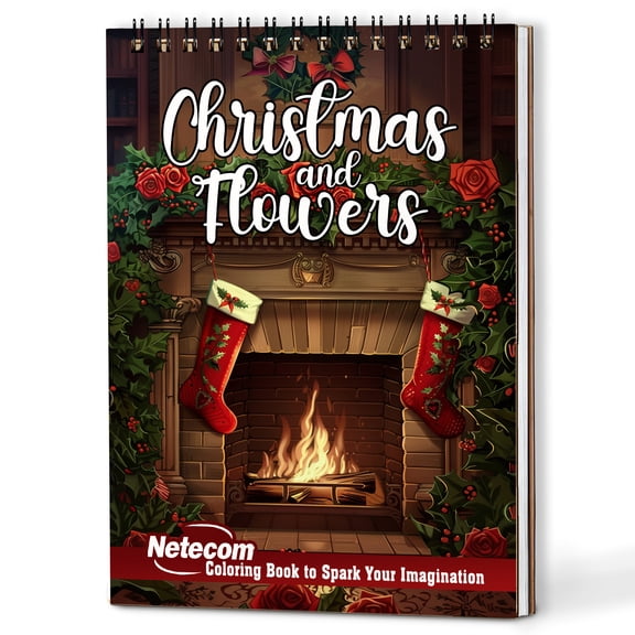 Netecom Christmas and Flowers Crafts Coloring Book Spiral Bound for Adults, Wooden Cover, 30 Charming Coloring Pages of Xmas Flower for Stress Relief and Relaxation