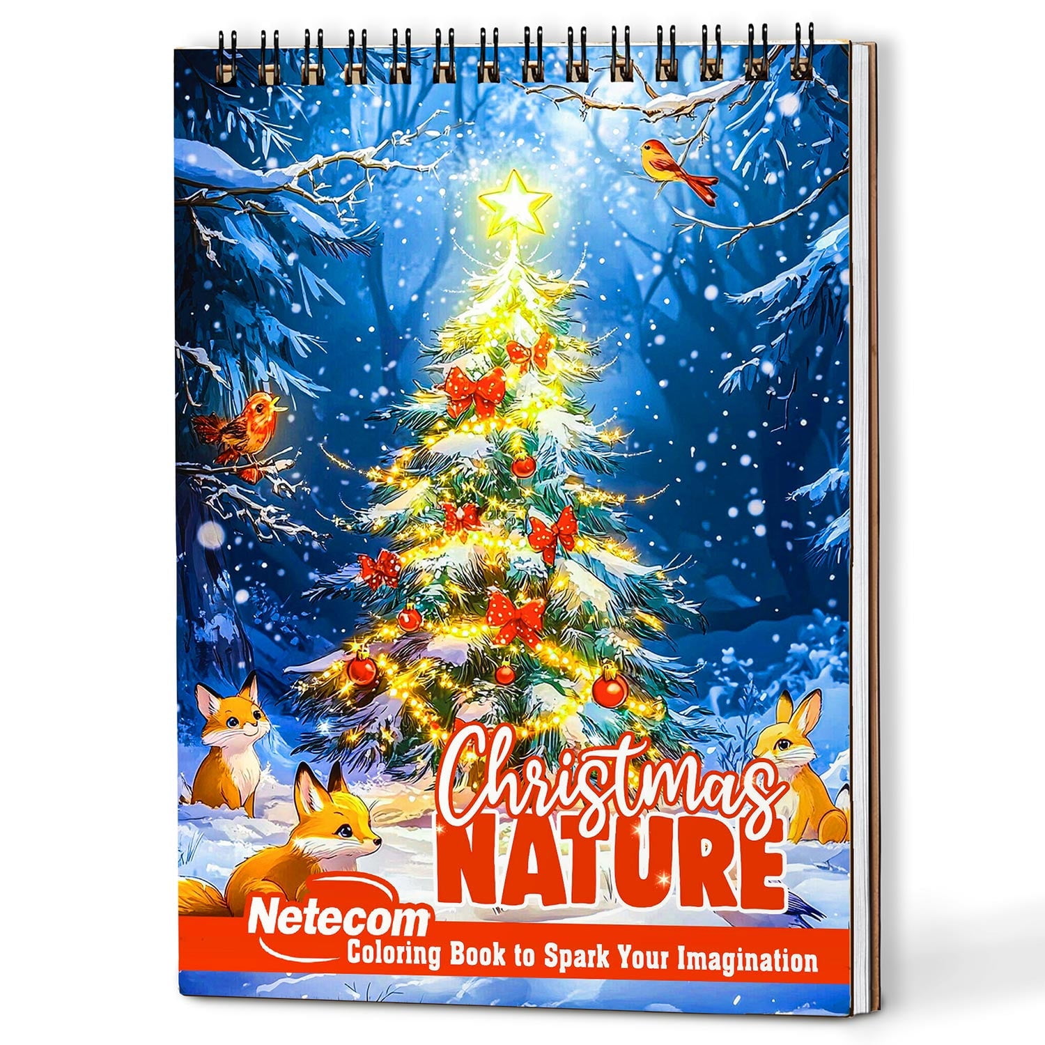 Netecom Christmas Nature Coloring Book Spiral Bound for Adults, A5 Wooden Cover, 30 Coloring Pages of Snowy Forests, Winter Wildlife and Seasonal Floral Designs for Stress Relief and Relaxation