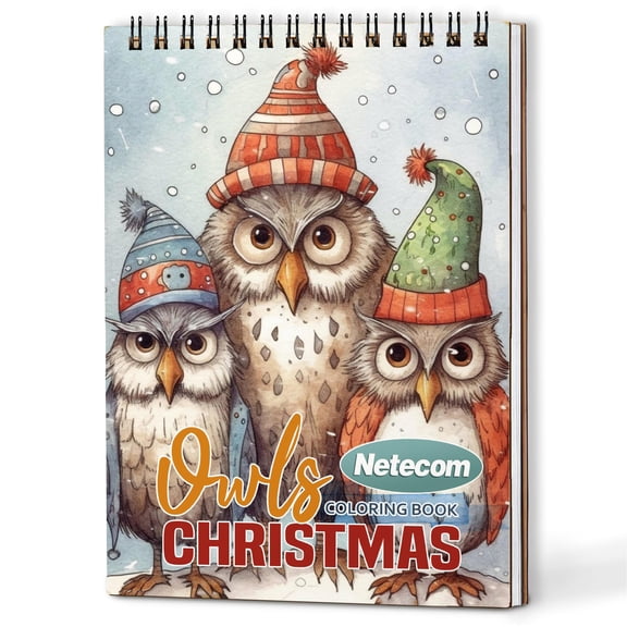 Netecom Christmas Owls Coloring Book Spiral Bound for Adults, A5 Wooden Cover, 30 Beautiful Coloring Pages of Playful Owls in Winter Landscape for Stress Relief and Relaxation