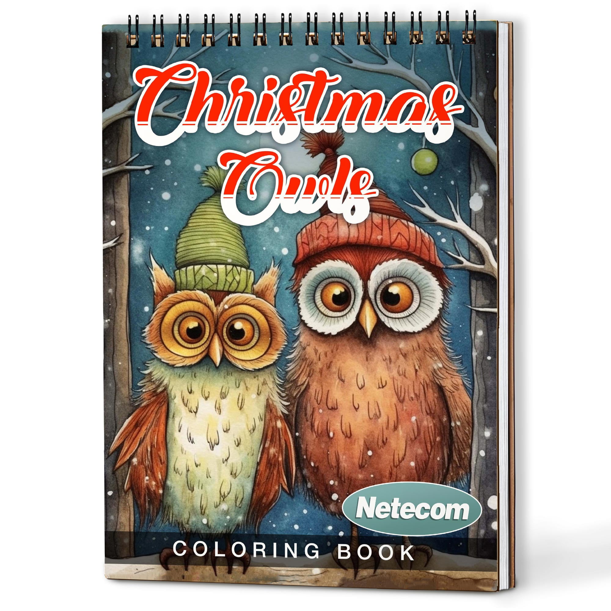Netecom Christmas Owls Coloring Book Spiral Bound for Adults, A5 Wooden Cover, 30 Charming Coloring Pages of Playful Owls in Holiday Winter Scenes for Stress Relief and Relaxation