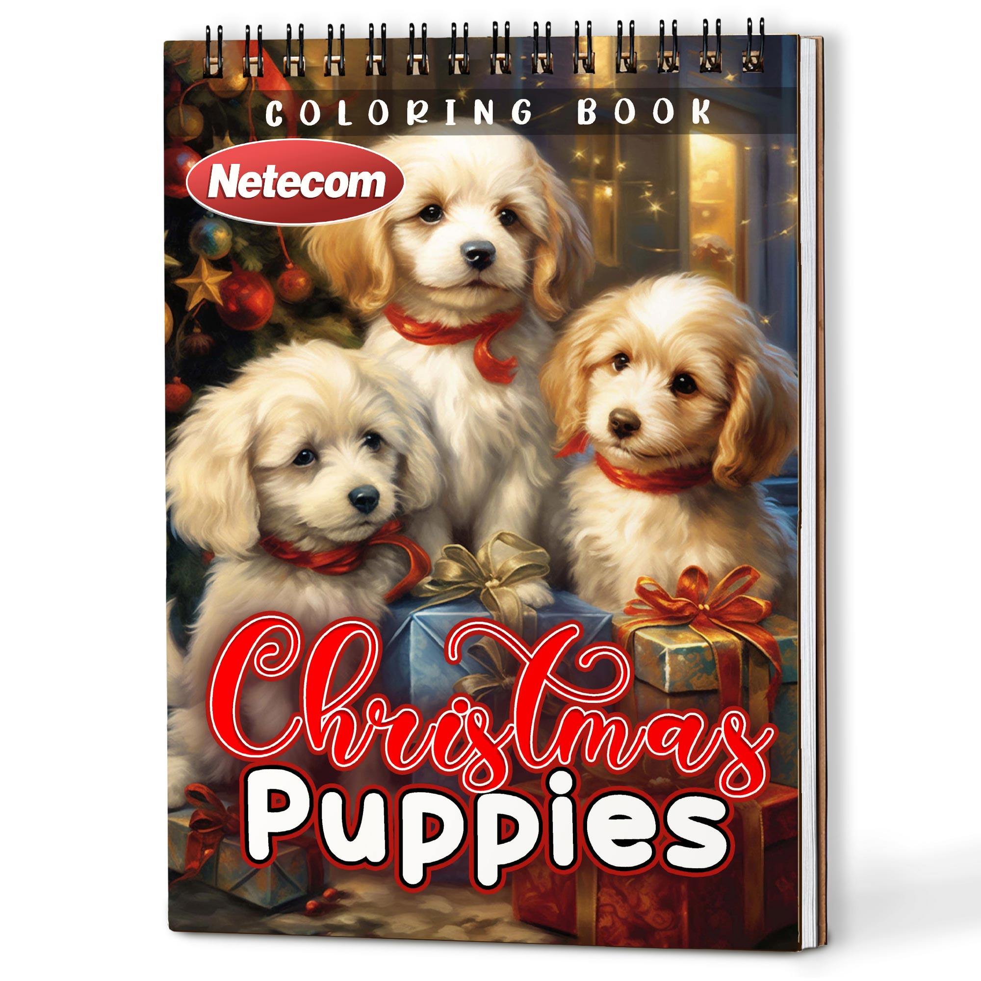 Netecom Christmas Puppies Coloring Book Spiral Bound for Adults, A5 Wooden Cover, 30 Adorable Coloring Pages of Puppies in Winter Scenes for Stress Relief and Relaxation