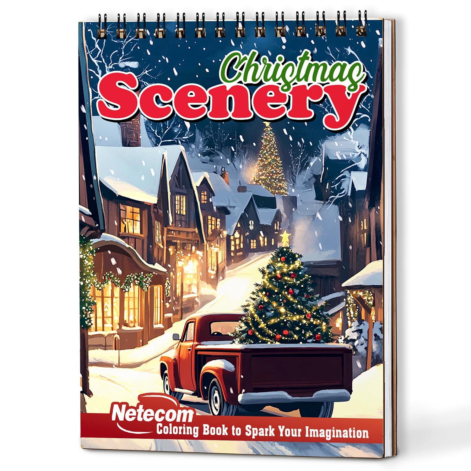 Netecom Christmas Scenery Coloring Book Spiral Bound for Adults, A5 Wooden Cover, 30 Festive Xmas Coloring Pages of Winter Holidays for Stress Relief and Relaxation