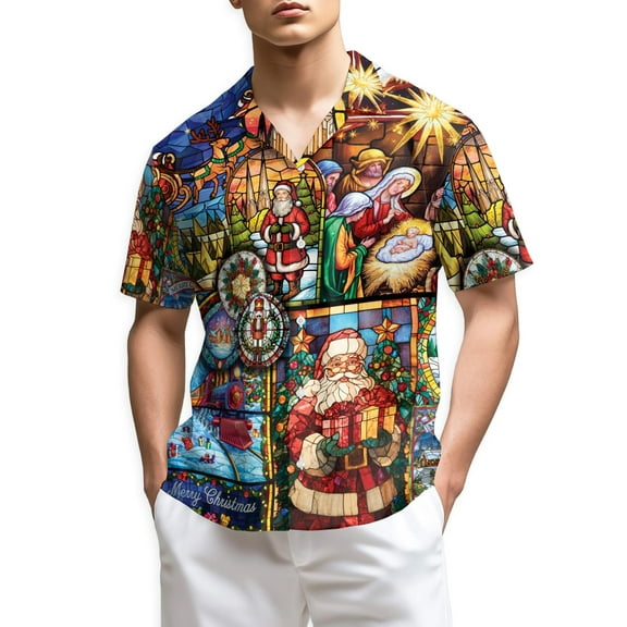 Netecom Christmas Stained Glass Hawaiian Shirt for Men, Nativity Scene Santa Claus Aloha Button Down Summer Beach Shirt, S-5XL