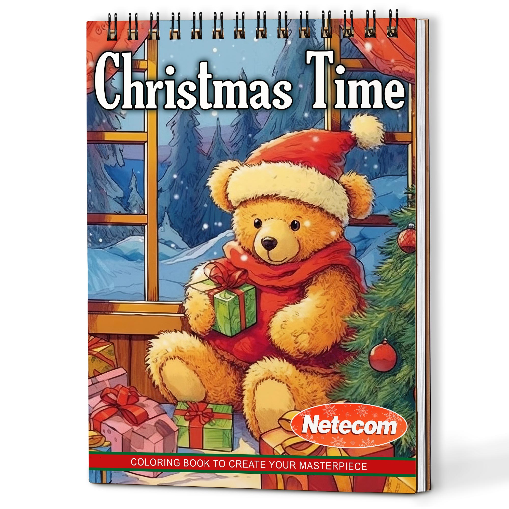 Netecom Christmas Time Coloring Book Spiral Bound For Adults, A5 Wooden Cover, 30 Magical Coloring Pages of Winter Festivities for Stress Relief and Relaxation