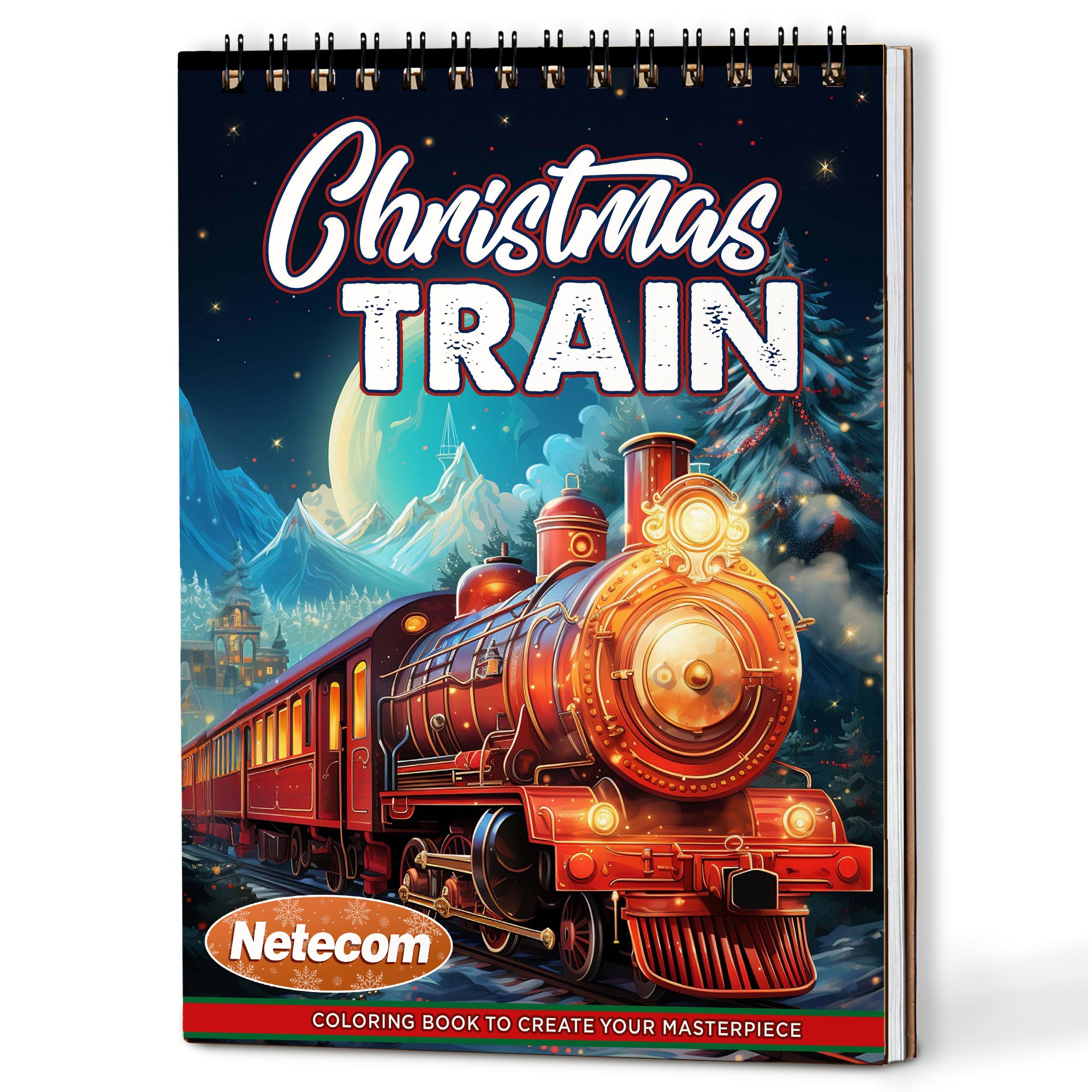 Netecom Christmas Train Coloring Book Spiral Bound for Adults, A5 Wooden Cover, 30 Enchanted Coloring Pages of Stunning Christmas Train for Stress Relief and Relaxation