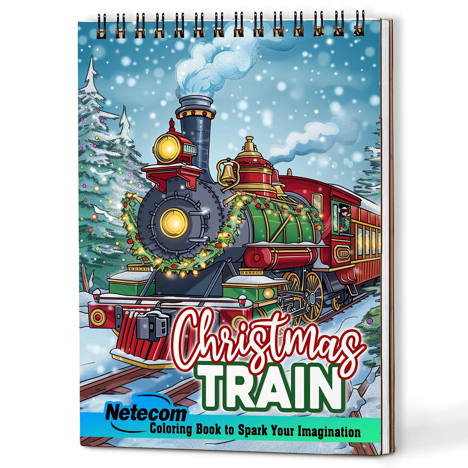 Netecom Christmas Train Coloring Book Spiral Bound for Adults, A5 Wooden Cover, 30 Enchanting Coloring Pages of Magical Train to the North Pole for Stress Relief and Relaxation