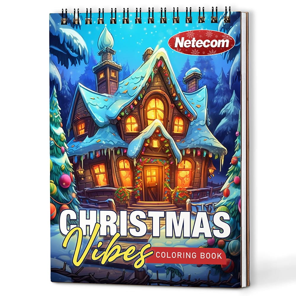 Netecom Christmas Vibes Coloring Book Spiral Bound For Adults, A5 Wooden Cover, 30 Cozy Coloring Pages of Holiday Scenes for Stress Relief and Relaxation