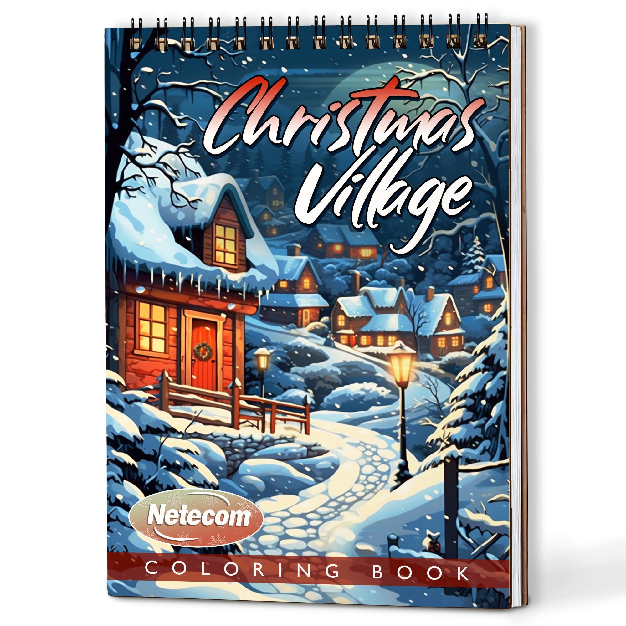 Netecom Christmas Village Coloring Book Spiral Bound For Adults, A5 Wooden Cover, 30 Beautiful Coloring Pages of Snow-Covered Cottages for Stress Relief and Relaxation