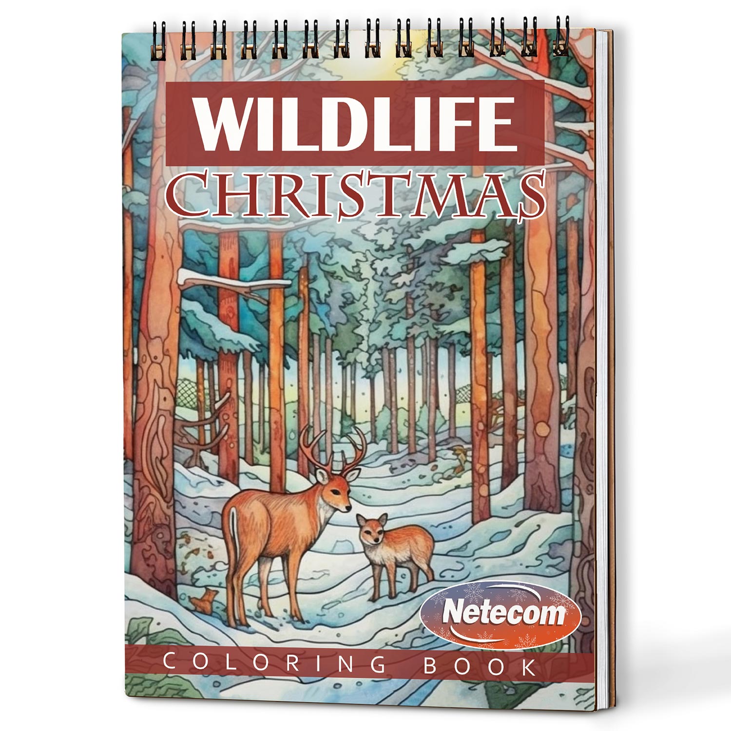 Netecom Christmas Wild Life Coloring Book Spiral Bound for Adults, A5 Wooden Cover, 30 Illustrations Coloring Pages of Wildlife in Winter Scenes for Stress Relief and Relaxation