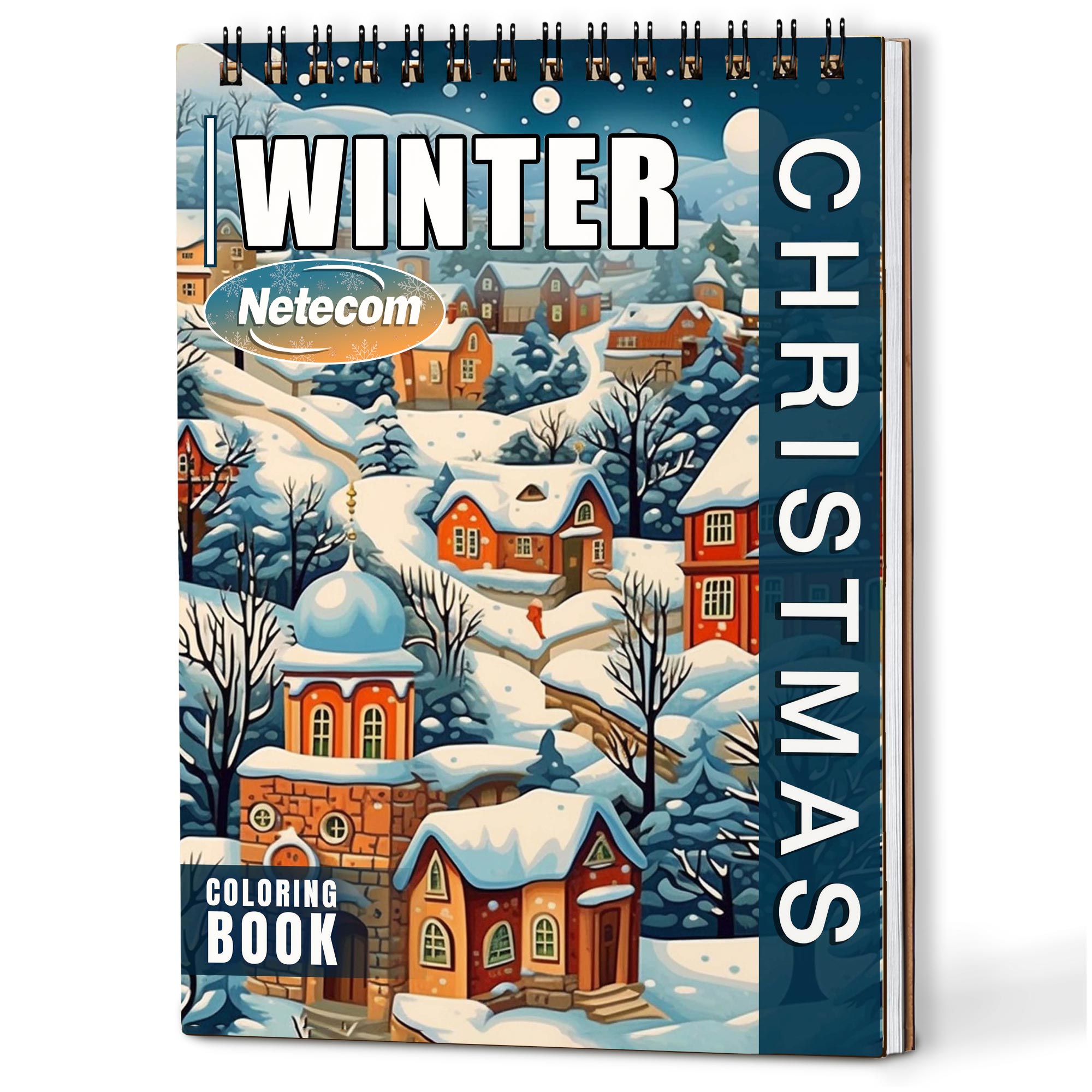 Netecom Christmas Winter Coloring Book Spiral Bound for Adults, A5 Wooden Cover, 30 Stunning Coloring Pages of Winter Landscapes for Stress Relief and Relaxation