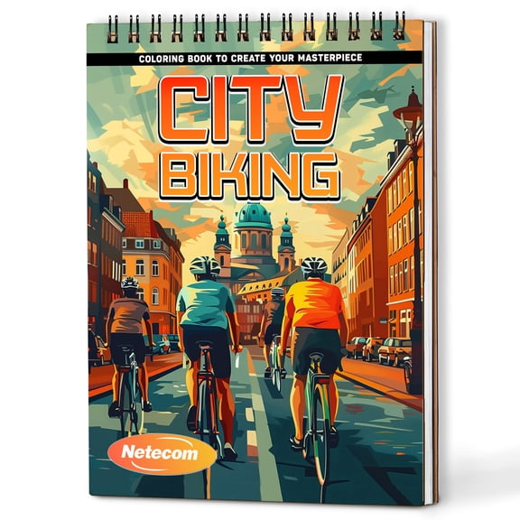 Netecom City Biking Coloring Book Spiral Bound For Adults, A5 Wooden Cover, 30 Scenic Coloring Pages of Cycling Across Urban Streets and Public Parks for Stress Relief and Relaxation