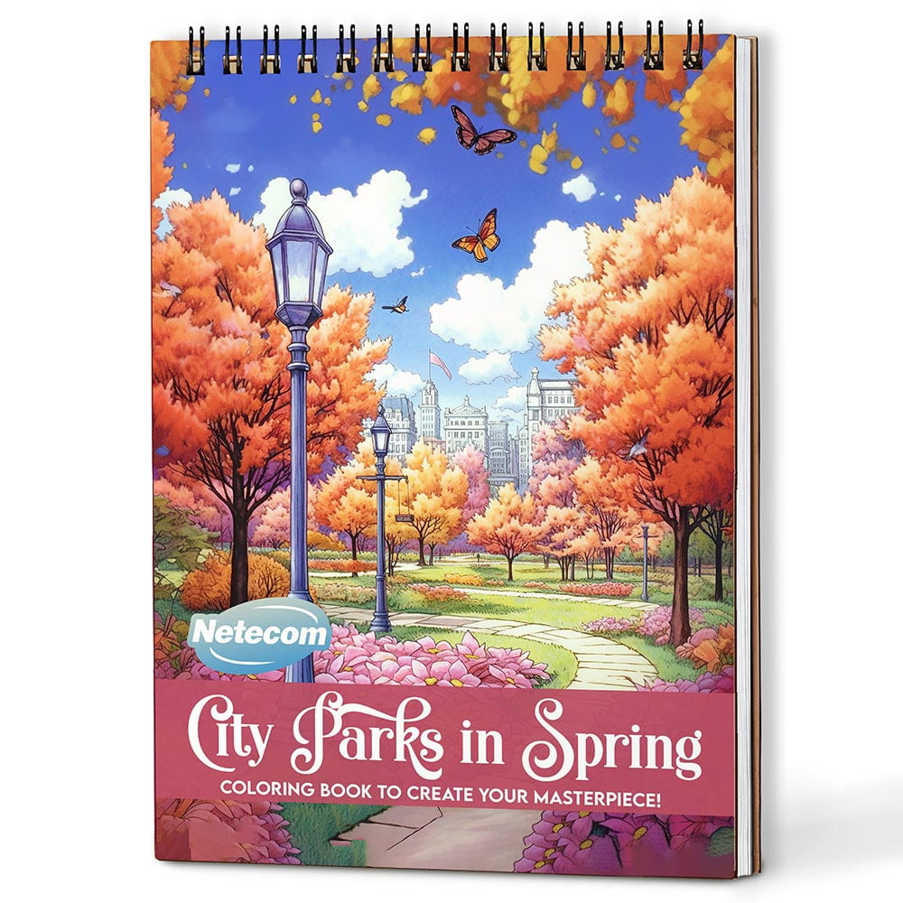Netecom City Parks in Spring Coloring Book Spiral Bound for Adults, A5 Wooden Cover, 30 Vibrant Coloring Pages of Springtime Bliss in City for Stress Relief and Relaxation