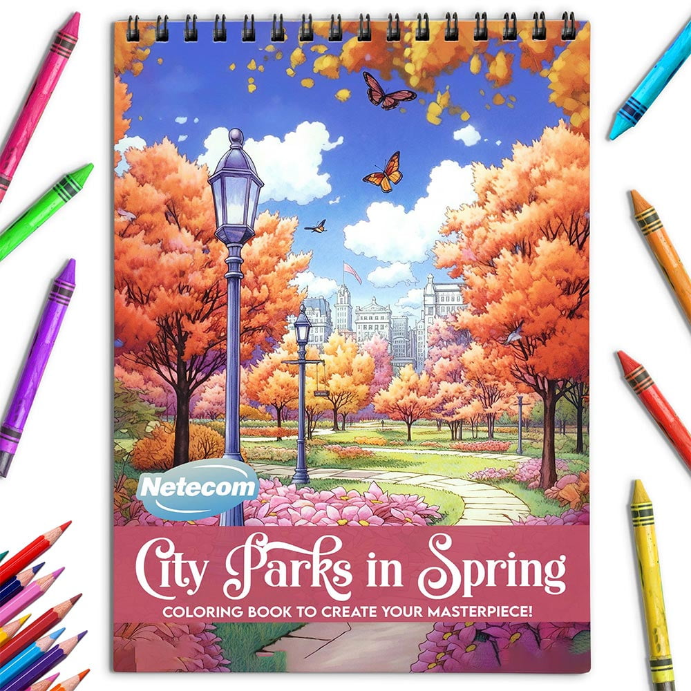 Netecom City Parks in Spring Coloring Book for Adults, Spiral Bound, Soft Cover