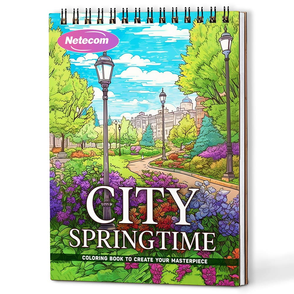 Netecom City Springtime Coloring Book Spiral Bound For Adults, A5 Wooden Cover, 30 Charming Coloring Pages of City Parks and Lively Spring Vibes for Stress Relief and Relaxation