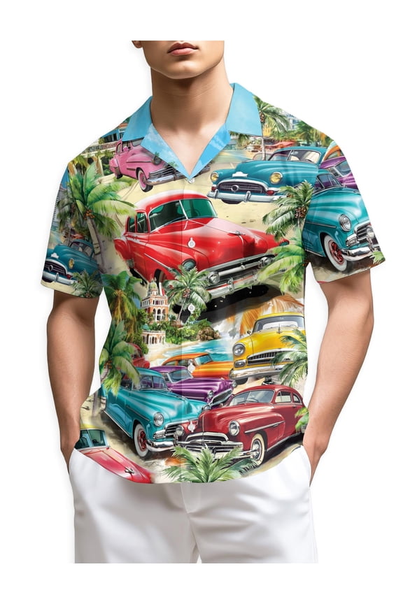 Classic Cars Hawaiian Shirt for Men, Tropical Style, Button Down Summer Beach Short Sleeve, S-5XL