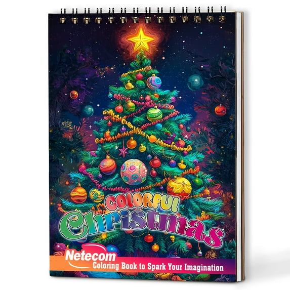 Netecom Colorful Christmas Coloring Book Spiral Bound for Adults, Wooden Cover, 30 Coloring Pages of Festive Ornament, Holiday Wreath, Christmas Trees, Winter Scene for Stress Relief and Relaxation